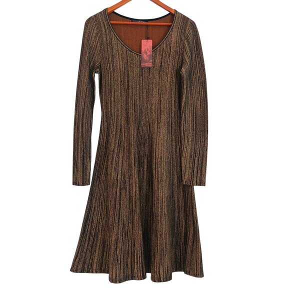 Peruvian Connection Gold Black Dress Small Elegant Holiday Rue de Cambon V Neck - Picture 3 of 13